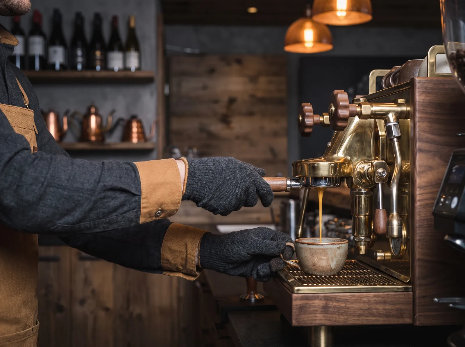 Espresso pouring at the Après bar