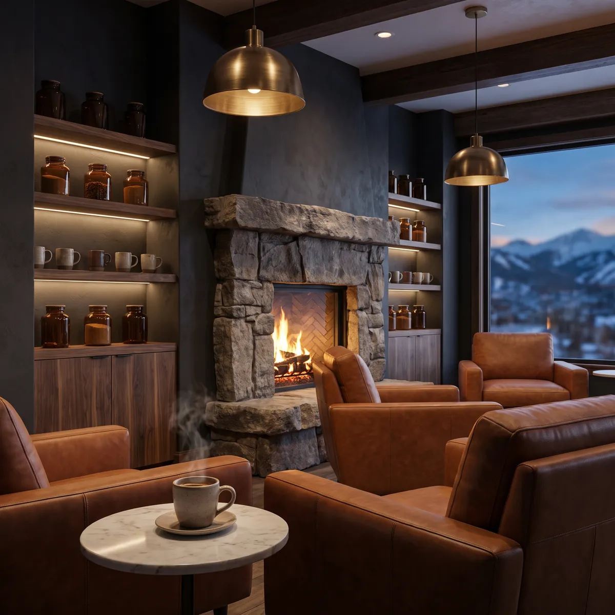 The Après Coffee lounge with leather chairs and stone fireplace